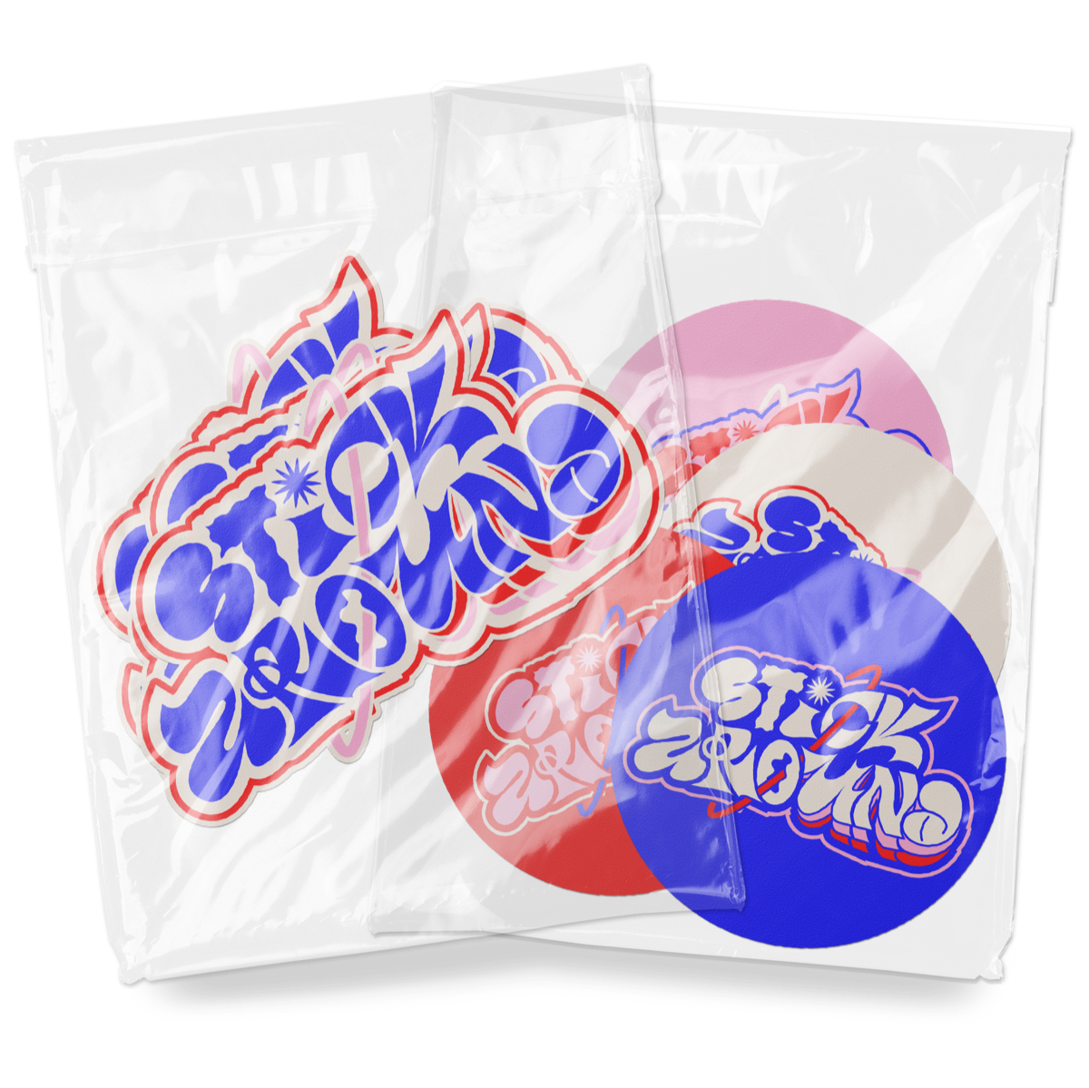 Amostras de autocolantes personalizados StickAround em embalagens transparentes